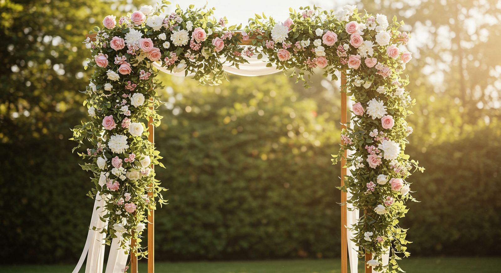 Floral wedding ceremony arch in a sunlit garden with pink and white roses