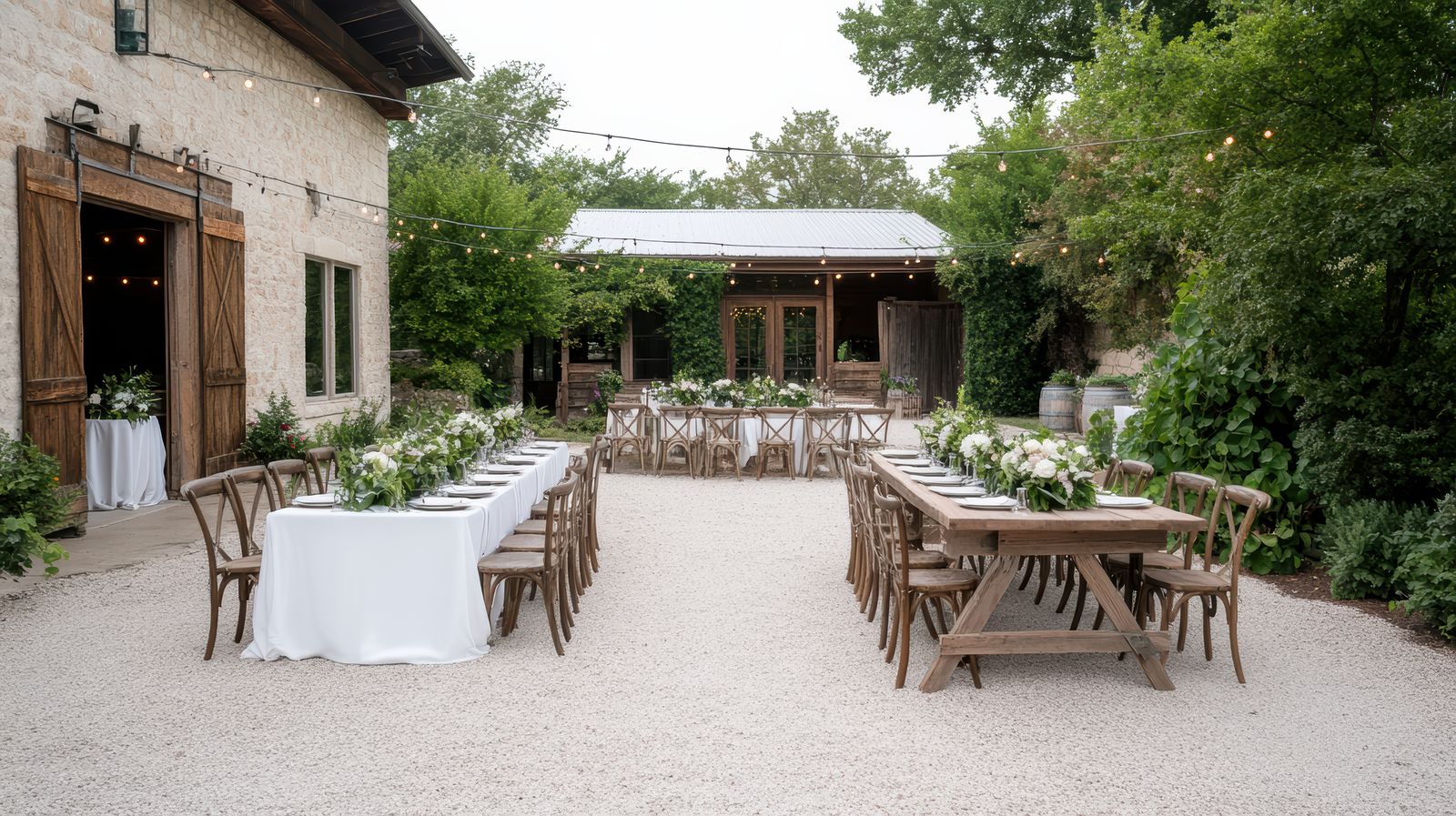 Stone barn courtyard set for a wedding reception with farm tables and string lights