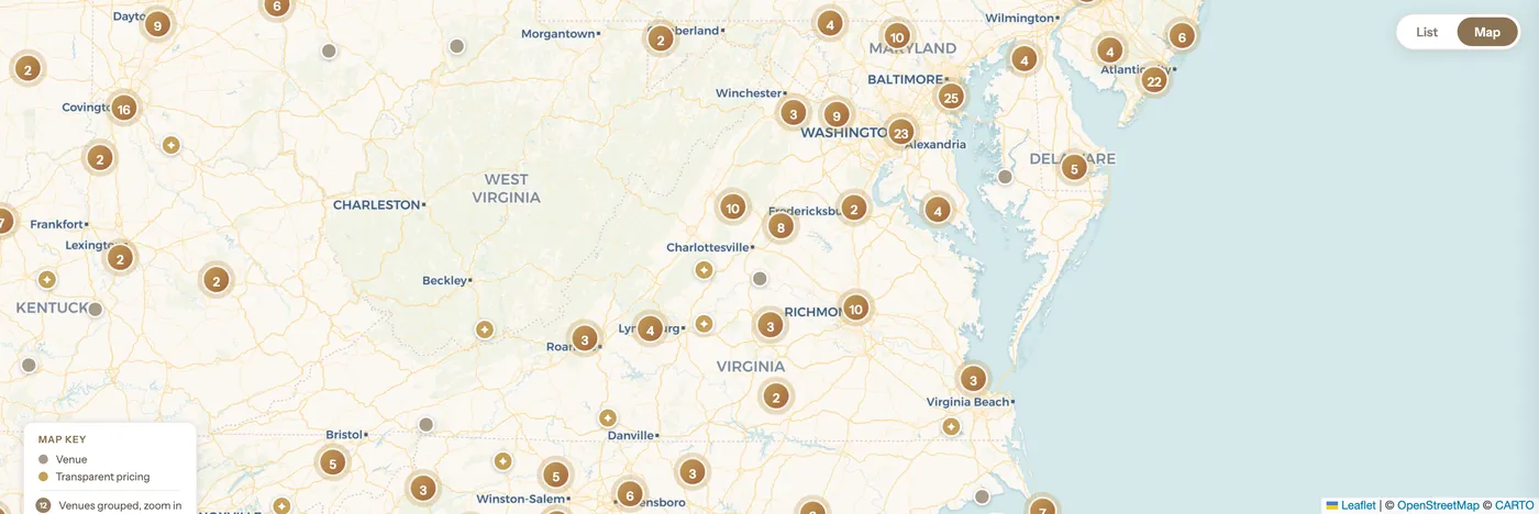 Map of Virginia wedding venues, color-coded by price band